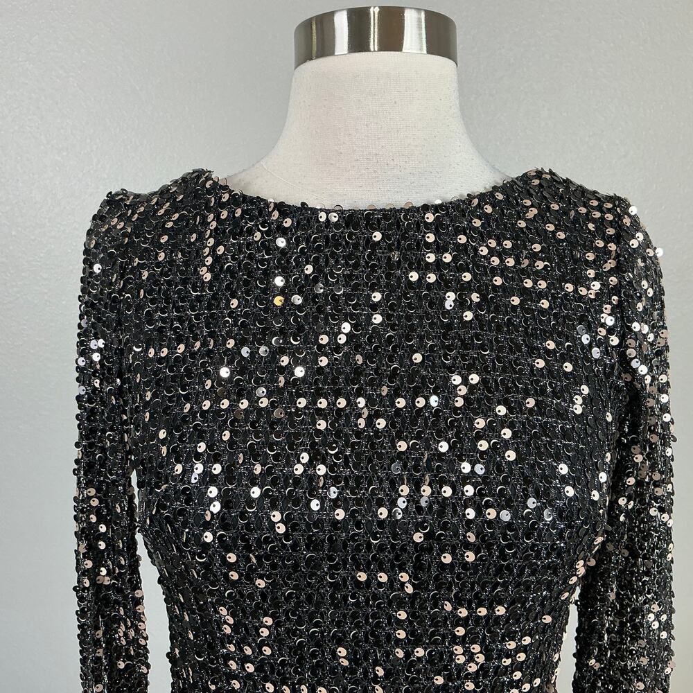 Betsy & Adam Black Sequined Long Sleeve Mini Sheath Cocktail Dress Size 4 LBD - Picture 8 of 13